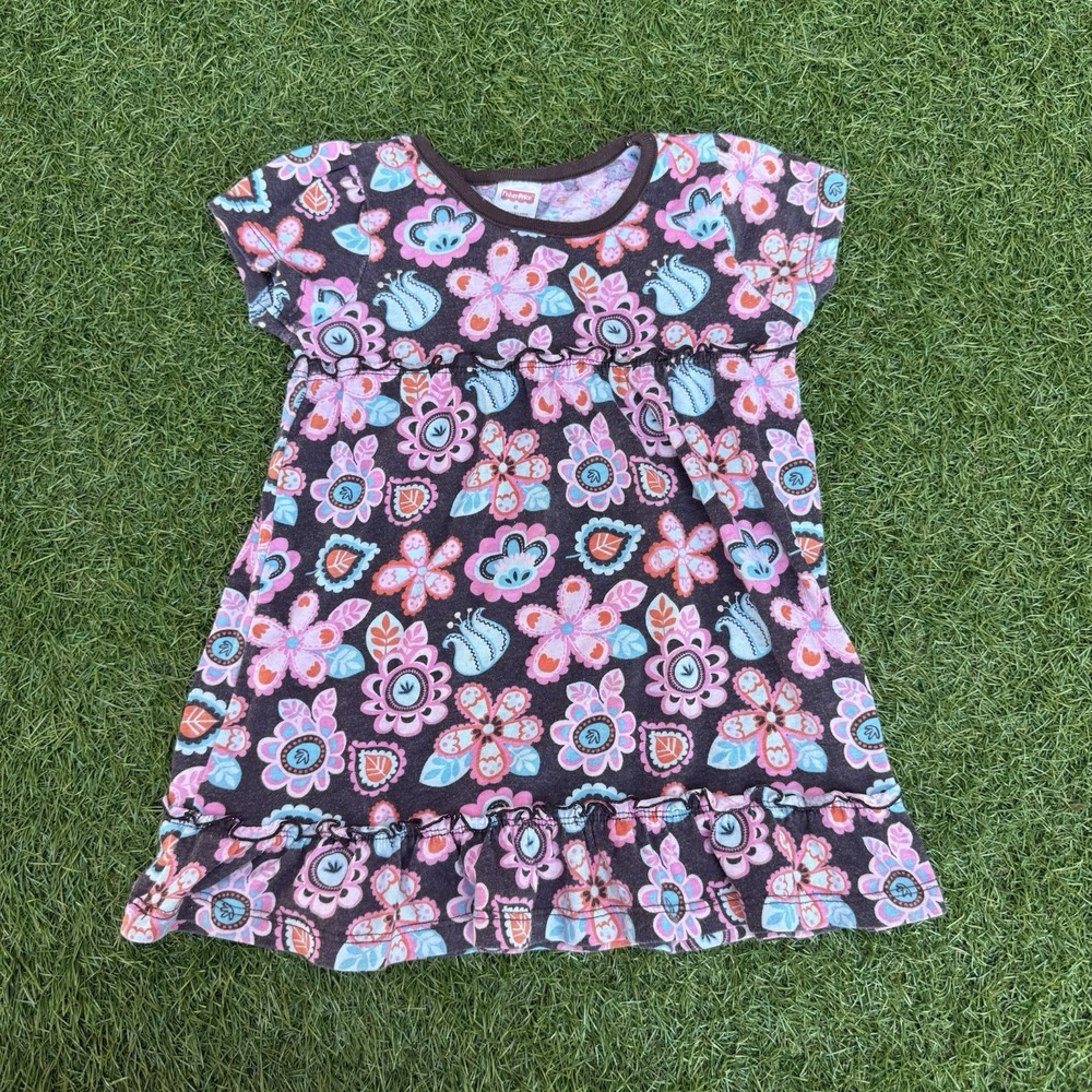Vintage Fisher Price Dress Toddler Girls Size 4T Brown Flowers Ruffle